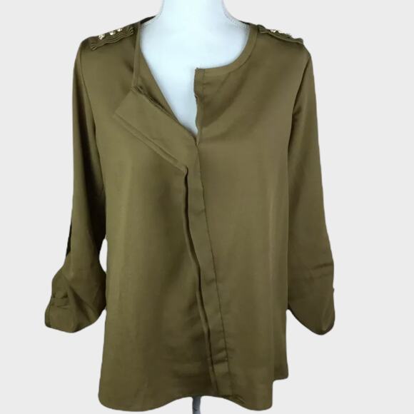 Bisou Bisou Womens Medium Green Blouse Roll Up Sleeves - Picture 1 of 5